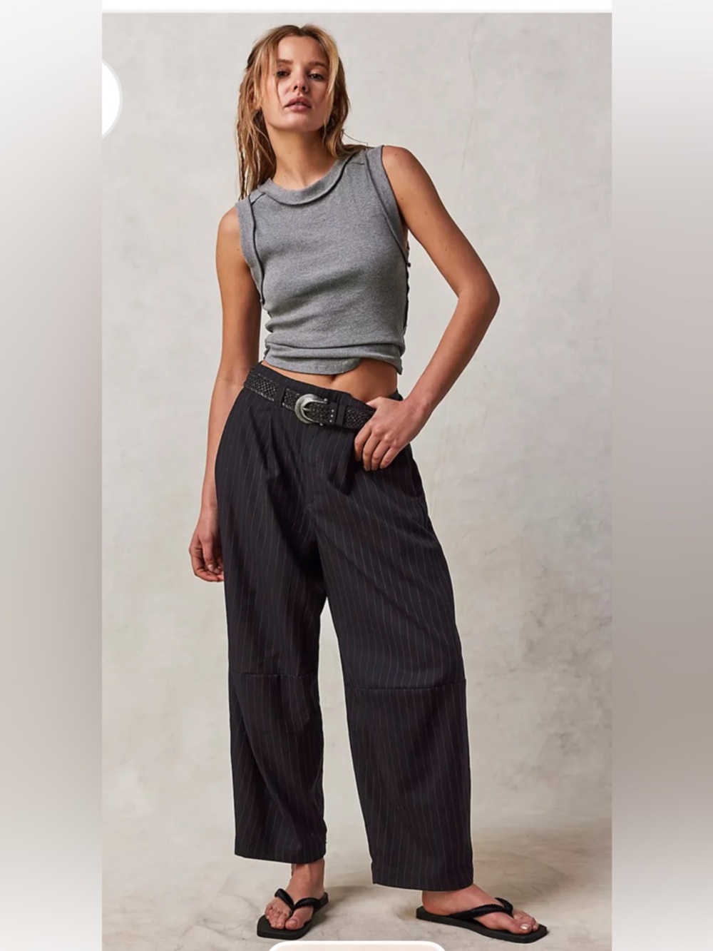 Free People Black Pinstripe Barrel Leg Pants